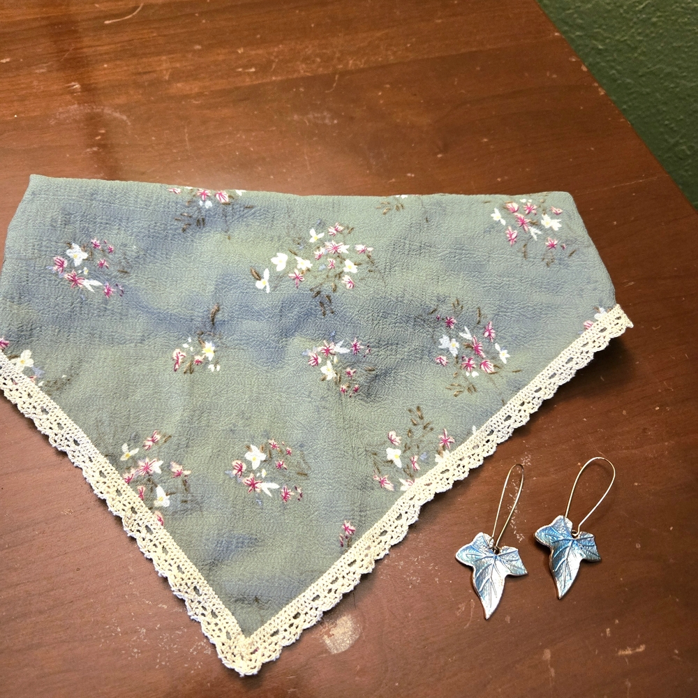 Blue Leaf Dangle Earrings And Headscarf Set